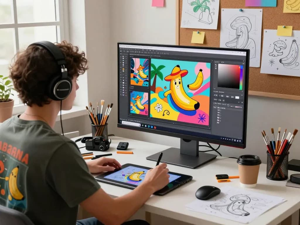 Digital artist immersed in creative workspace, designing vibrant visuals using nano banana 2 technology.