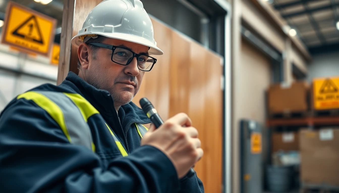 Inspecting fire door inspection standards in a professional environment.