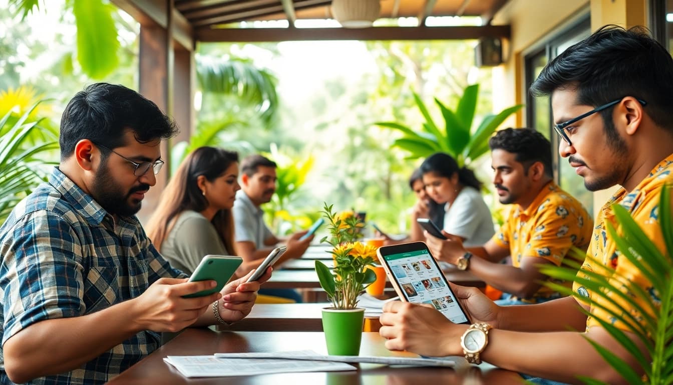 Lanka Ads users engaging with classifieds in a vibrant outdoor setting, showcasing community and connection.