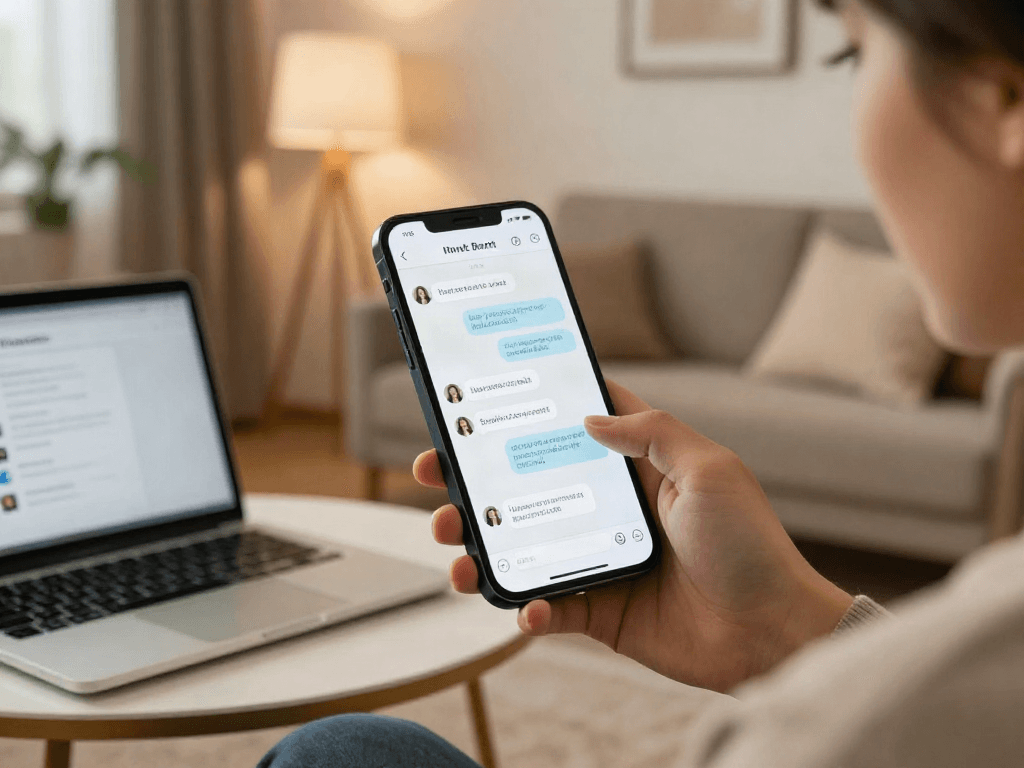 User engaging in a porn ai chat conversation on a smartphone in a modern living room.