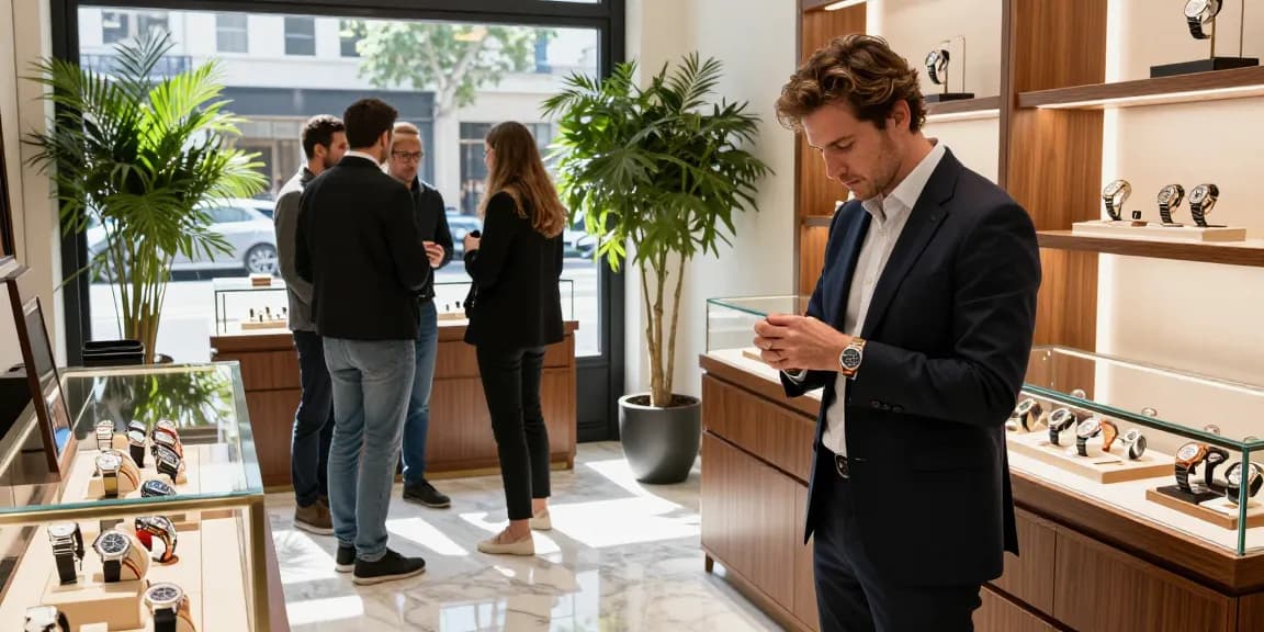 Examining premium super clone watches in a stylish boutique.