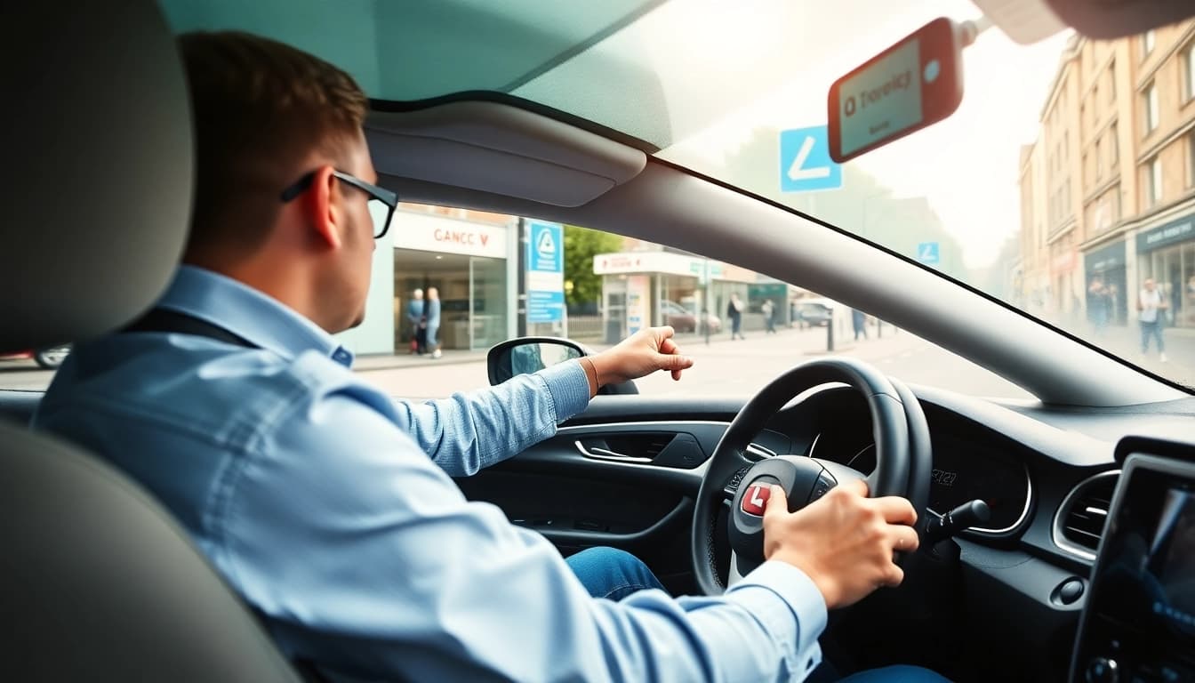 Engaged student taking automatic driving lessons Guildford with an instructor in a modern car.