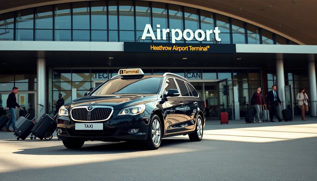 Heathrow taxi service ready for passengers at the airport terminal.