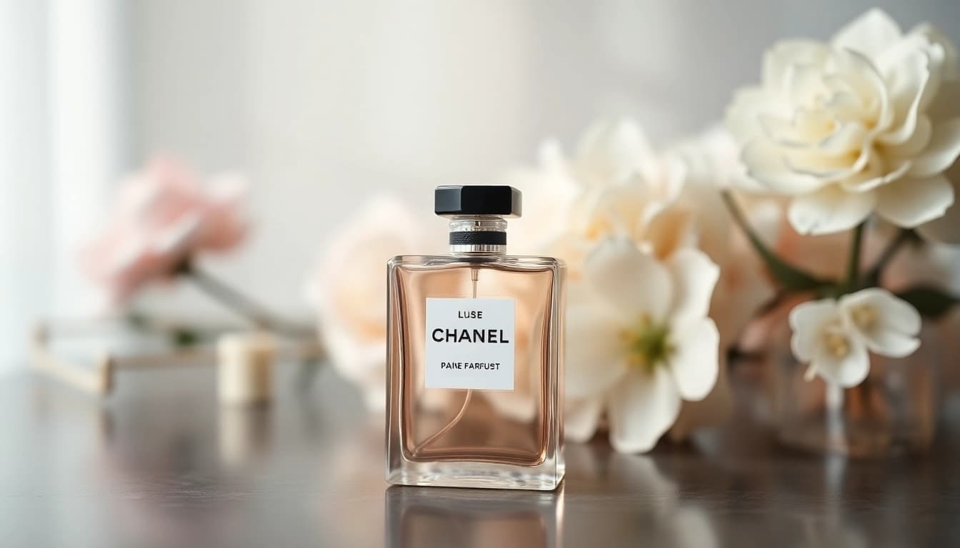 Explore a Chanel perfume dupe bottle elegantly presented among soft pastels and floral accents.