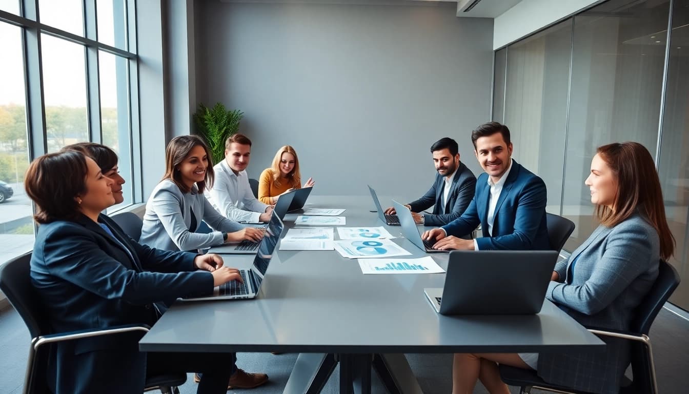 Team aziendale impegnato a discutere di comprare un'azienda in un moderno ufficio