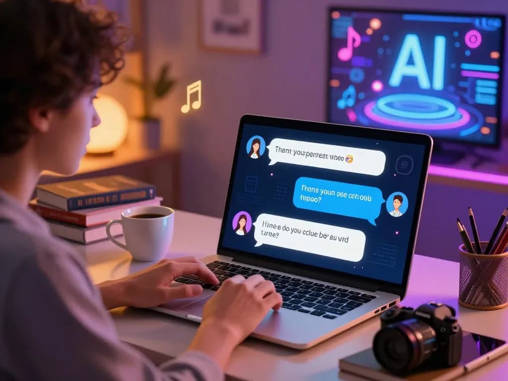 Young adult enjoying spicy chat with AI chatbot in a vibrant digital workspace.
