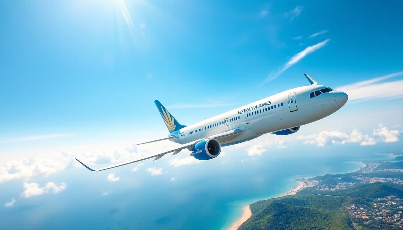 Vietnam Airlines VN168 flight soaring over Danang's coastline, showcasing travel excitement.