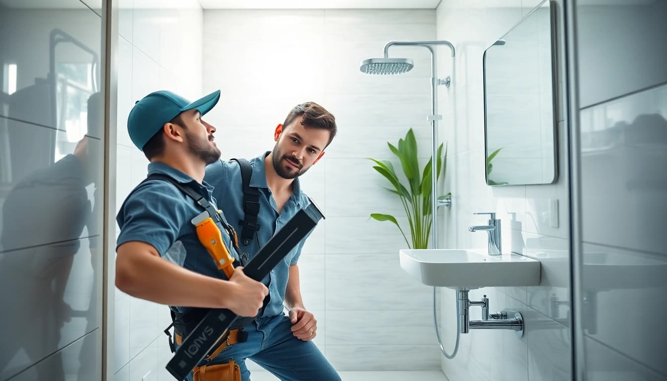 Plumber examining a shower not working in a modern bathroom setup, focusing on plumbing tools.