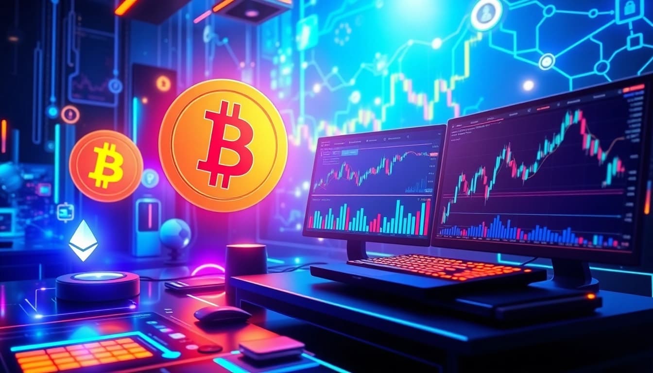Cryptocurrency portfolio analytics visual featuring Bitcoin trading charts and digital wallets in a futuristic environment.