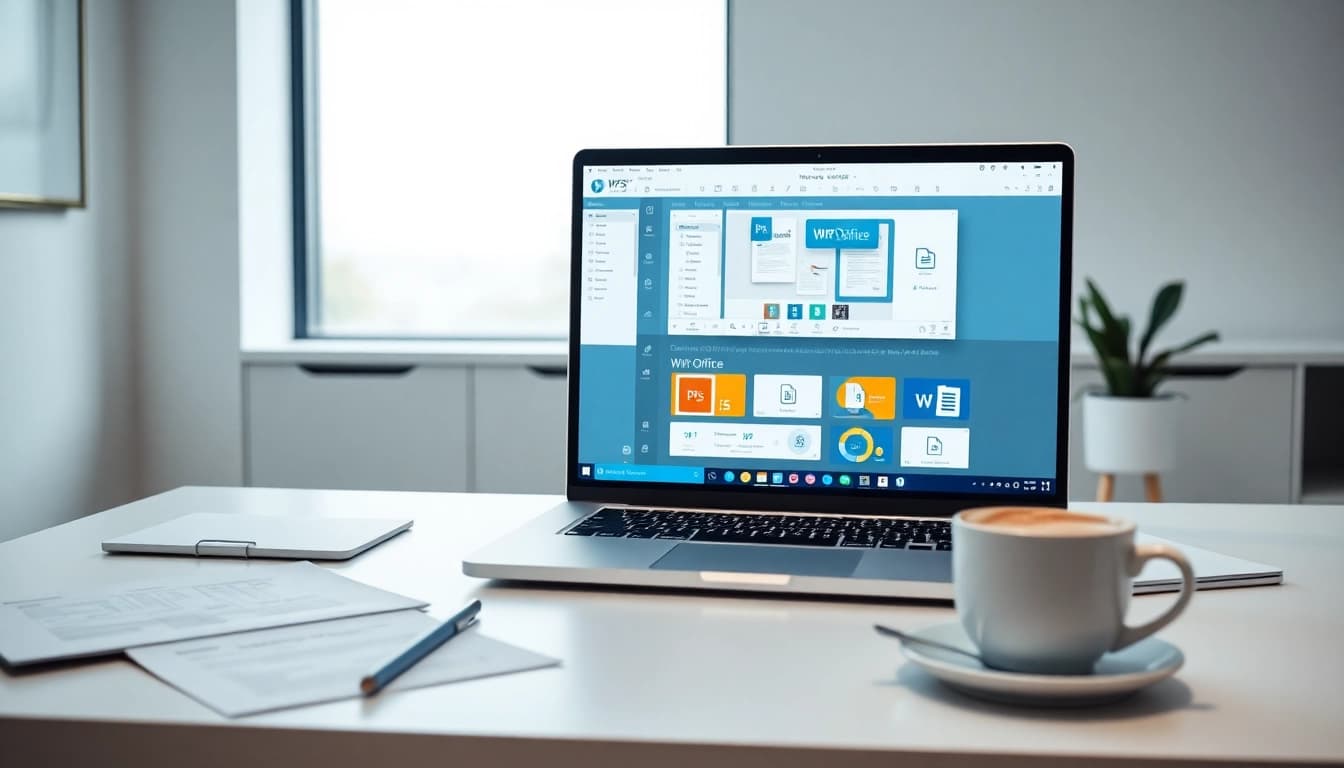 在现代办公环境中展示的 WPS Office 界面，突出生产力工具。