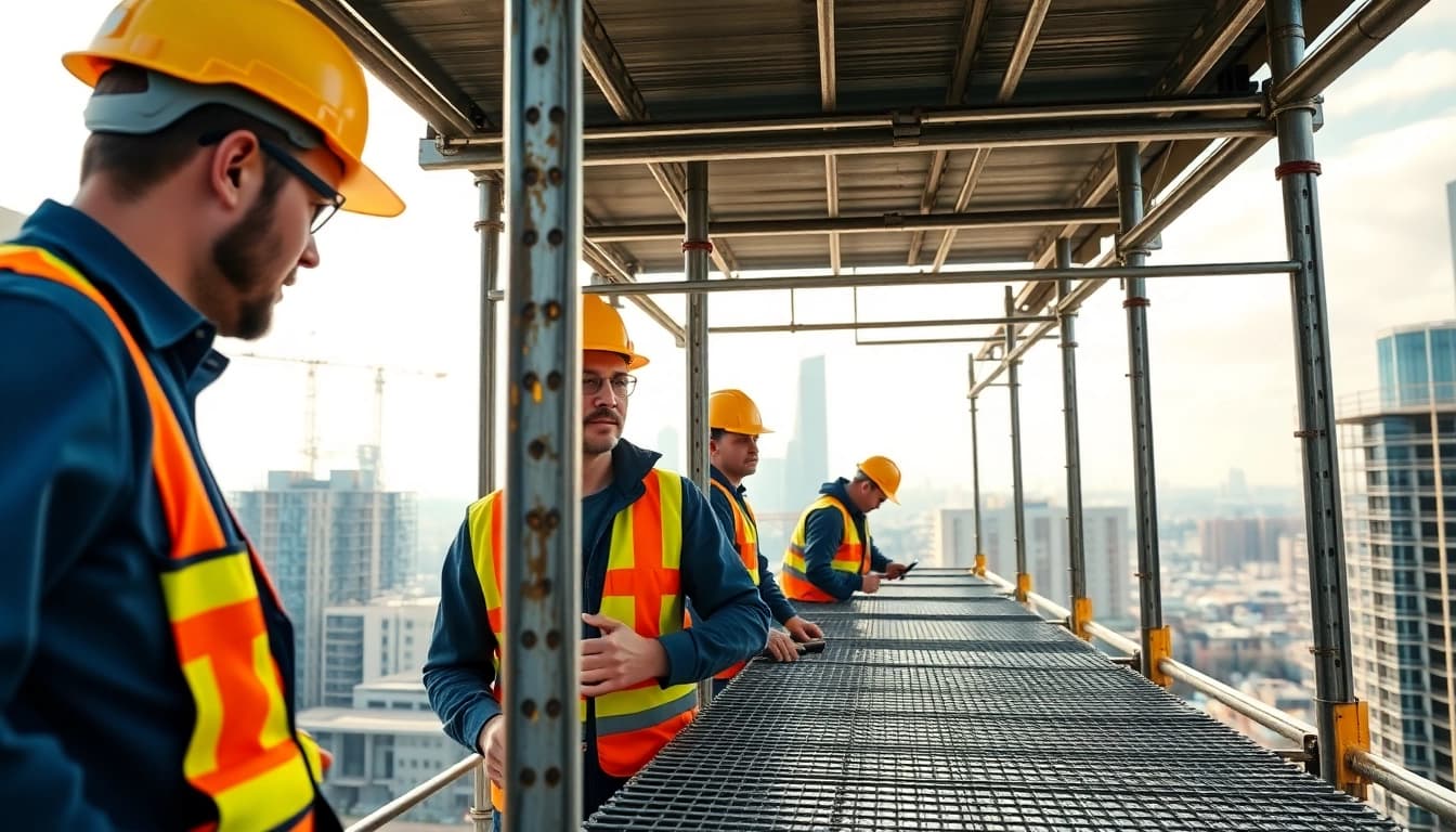 Scaffolders Bolton collaborating in a bright urban construction site.