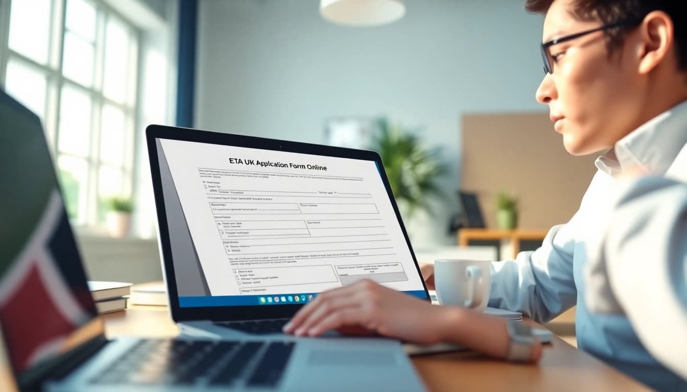 Process of completing eta uk application form on a laptop in a bright office, highlighting efficiency and precision.
