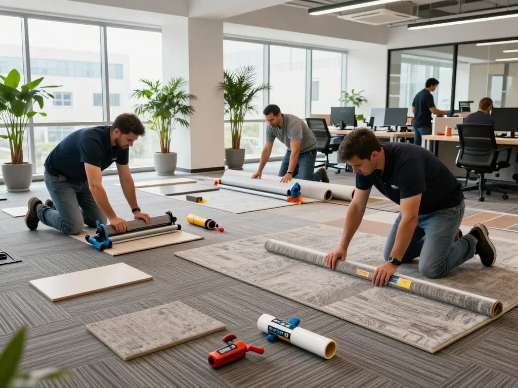Commercial carpet installation by skilled professionals in a bright office setting with carpet tiles and tools.