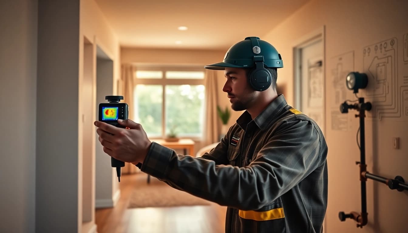 Leak detection technician using thermal imaging to find hidden water leaks in a modern home.