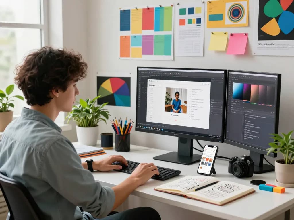 Creative professional using image to prompt generator in modern workspace.