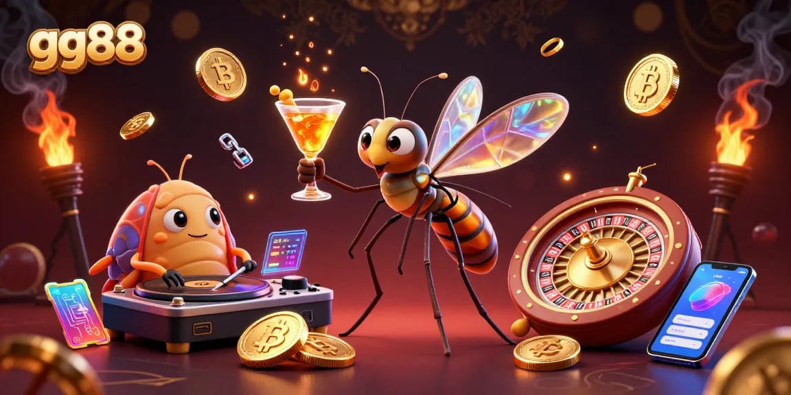 Engage with gg88 in a vibrant casino scene featuring a lively mosquito mascot, trilobite DJ, and golden roulette wheel.
