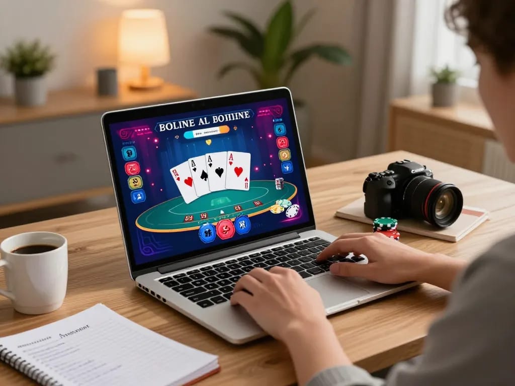 Engaging in online blackjack gameplay at home with 88aa on a laptop, showcasing strategic moments.