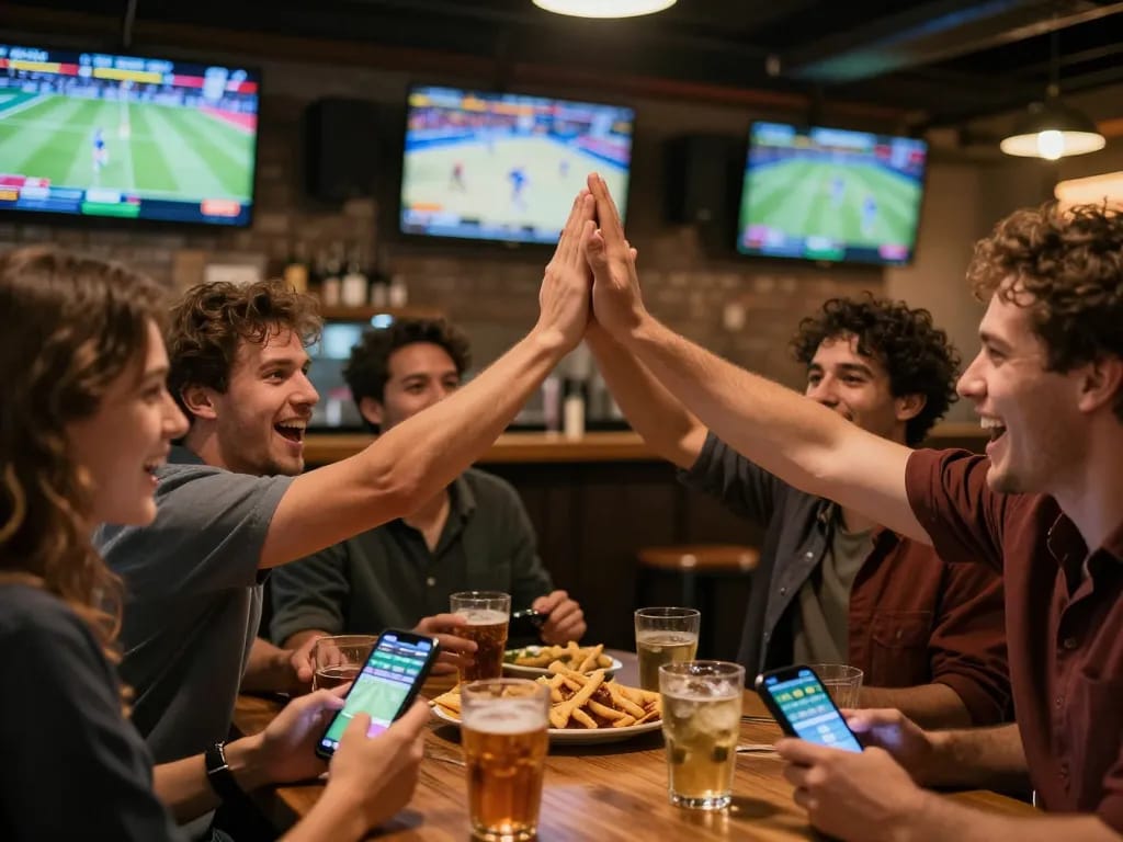 Excited friends place bets on s8.com while watching live sports in a vibrant bar atmosphere