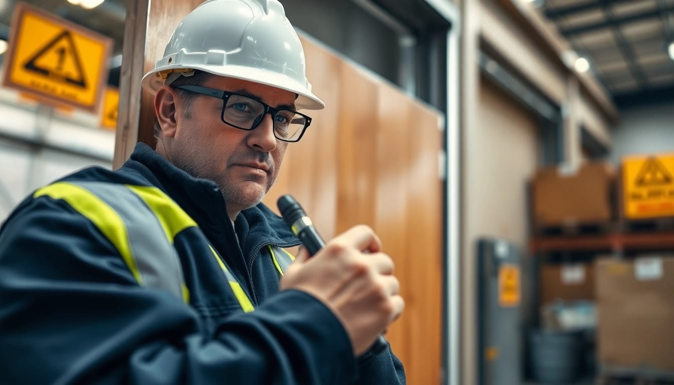 Inspecting fire door inspection standards in a professional environment.