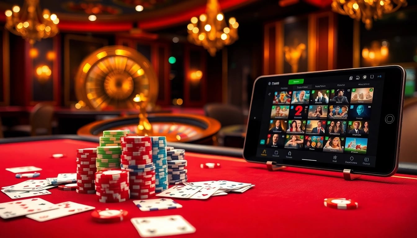 A vibrant casino scene showing mb 88 themed poker chips and elegant tables, with roulette wheels enhancing the excitement of the gambling experience.