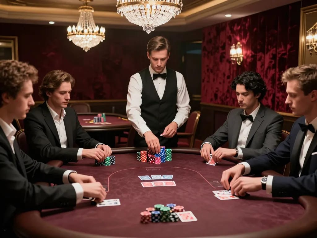 Engaged players strategizing in a high-stakes U888 poker game within a luxurious VIP area.