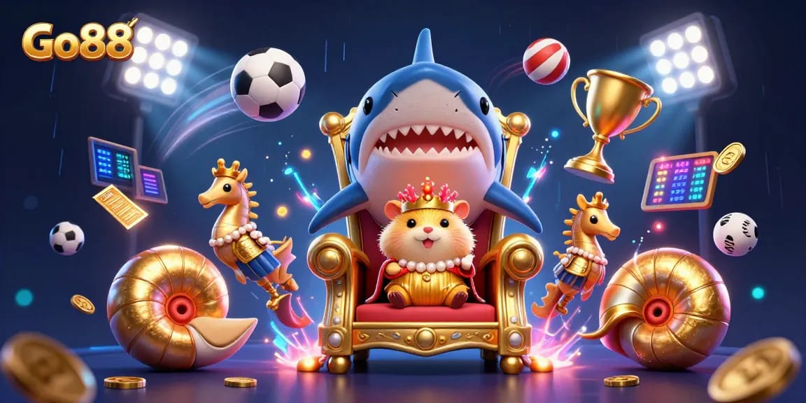 Win big at Go88 with a vibrant 3D gambling scene featuring a golden hamster king and dynamic game elements.