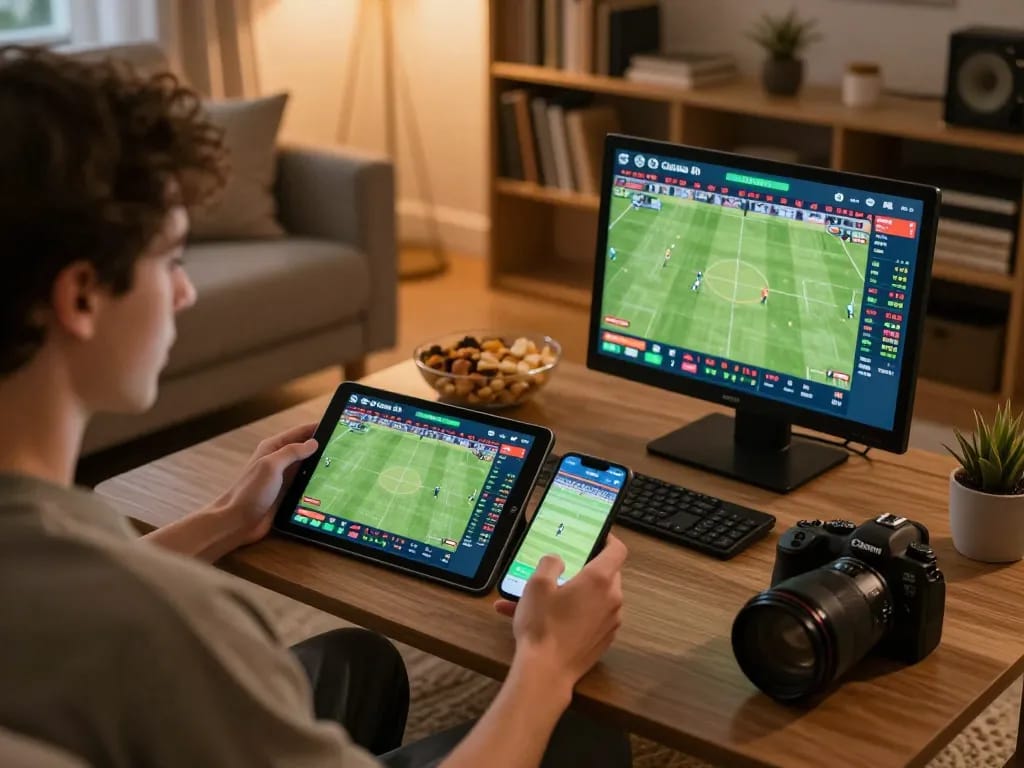 Engaging individual using cakhiatv app on a tablet for live sports betting.