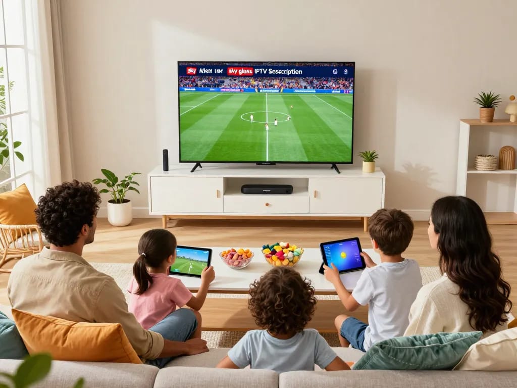 Family enjoying the Sky Glass IPTV Subscription in a cozy living room setting.