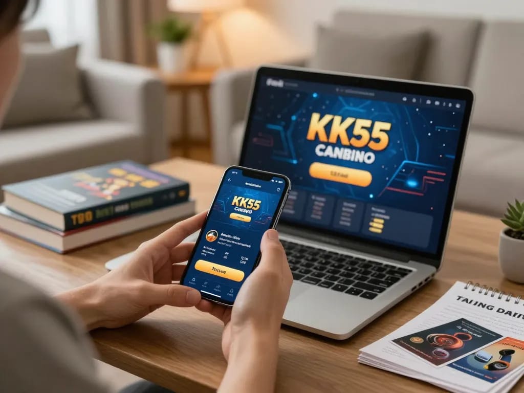 Engaging in KK55 đăng nhập on a smartphone while enjoying a cozy home gaming environment.