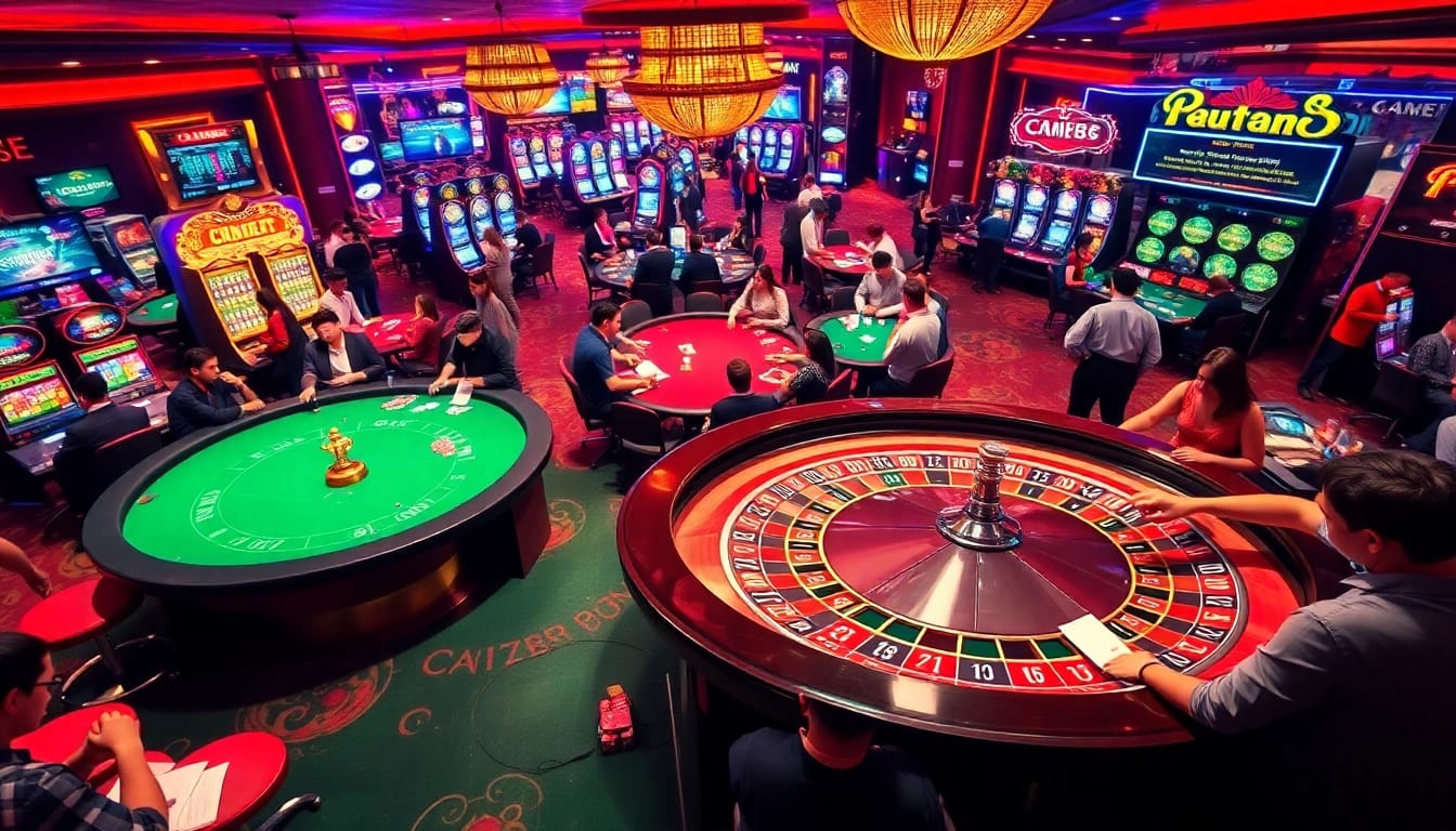 CM88 brings the excitement of casino gaming with players at roulette and poker tables, surrounded by vibrant slot machines.
