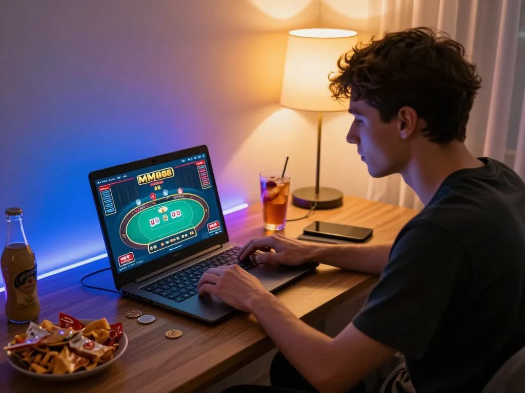 Player strategizing on MM88 online poker game at cozy home gaming setup