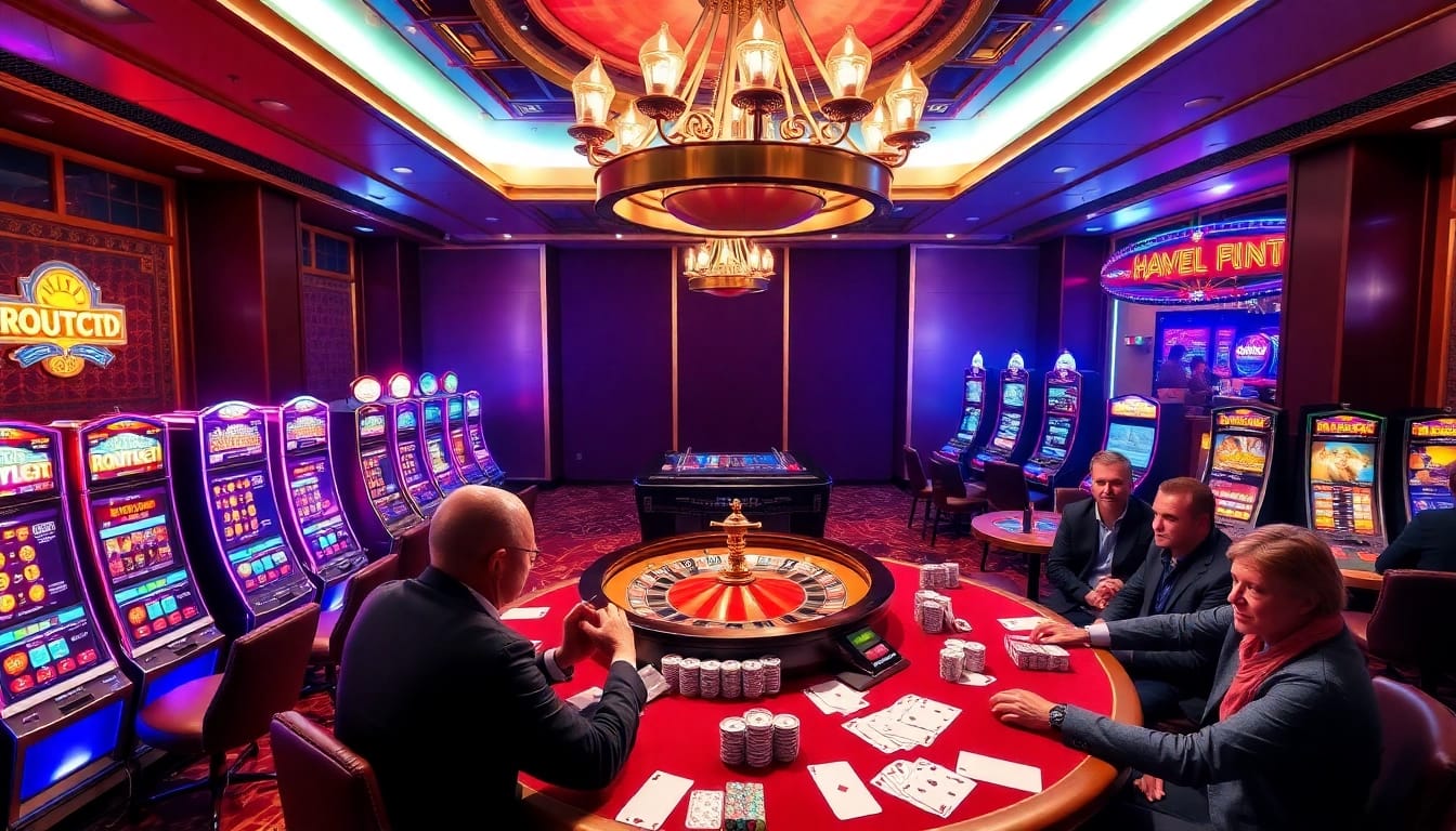 Engaging scene of gambling excitement with slot machines and poker tables at 66slots8 com.