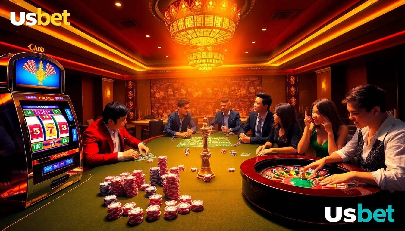 Experience the thrill of nhà cái usbet with vibrant slot machines, poker chips, and roulette wheels.