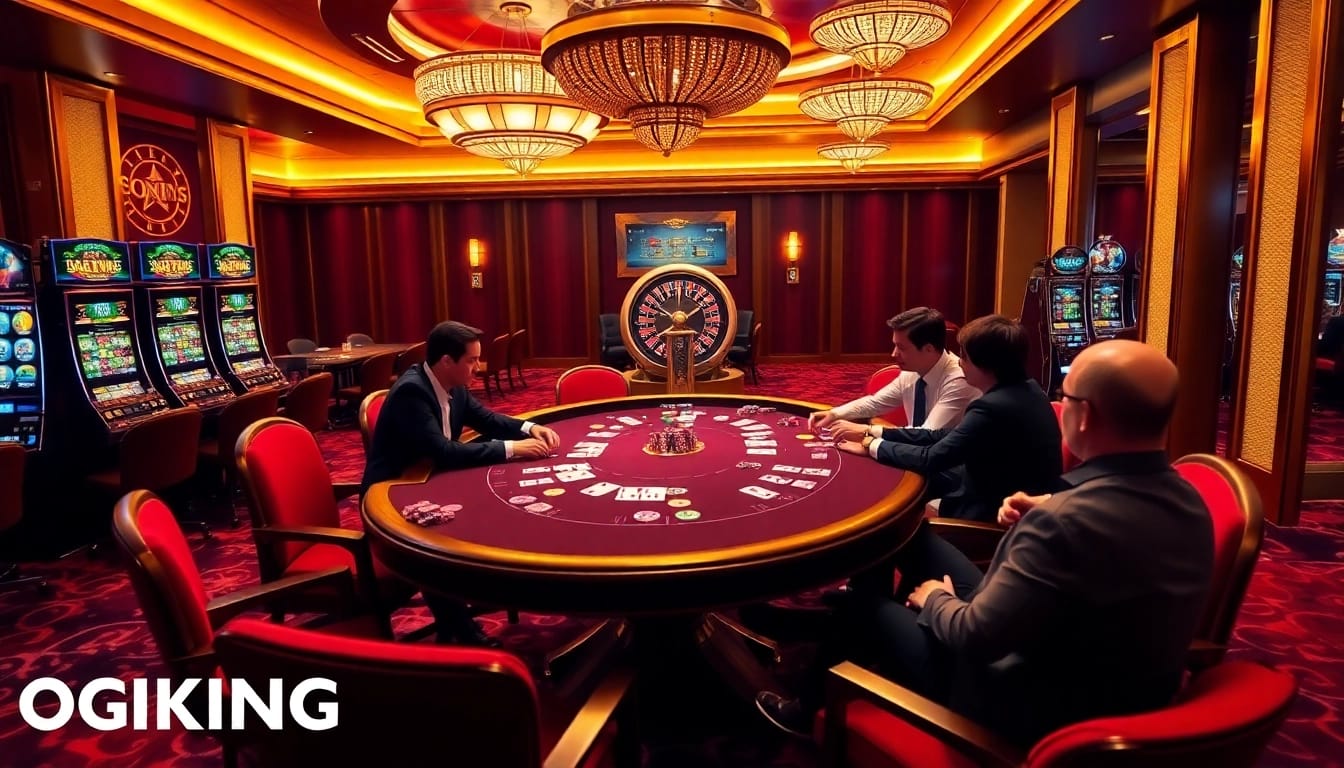 OKKING casino scene showcasing high-stakes poker, vibrant chips, and thrilling roulette action.