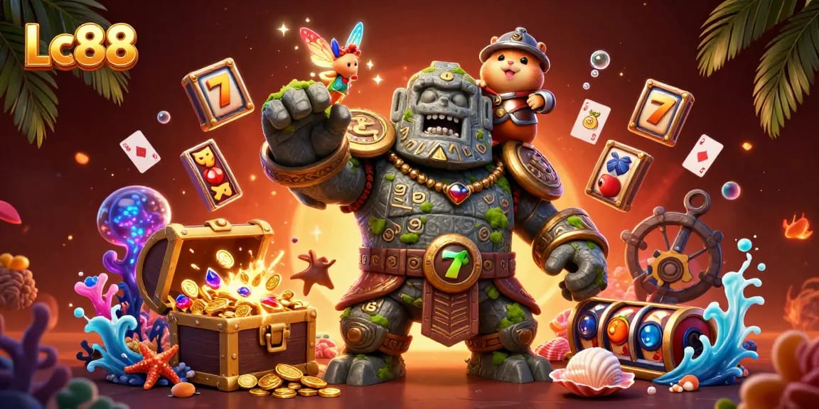 Play exciting games at Lc88 with a vibrant scene featuring magical characters and slot elements.