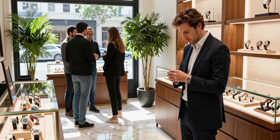 Examining premium super clone watches in a stylish boutique.