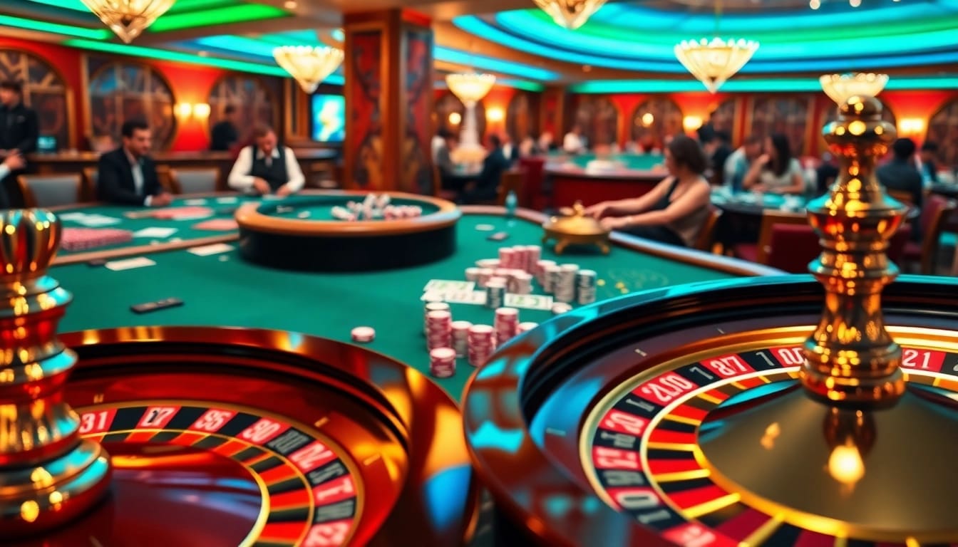 KJC AC 3 casino scene featuring poker tables and roulette wheels, showcasing the excitement of online gambling.
