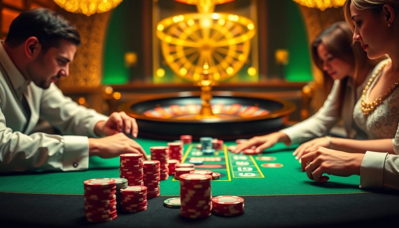 Exciting poker game scene at F8bet casino with dealers and colorful chips.