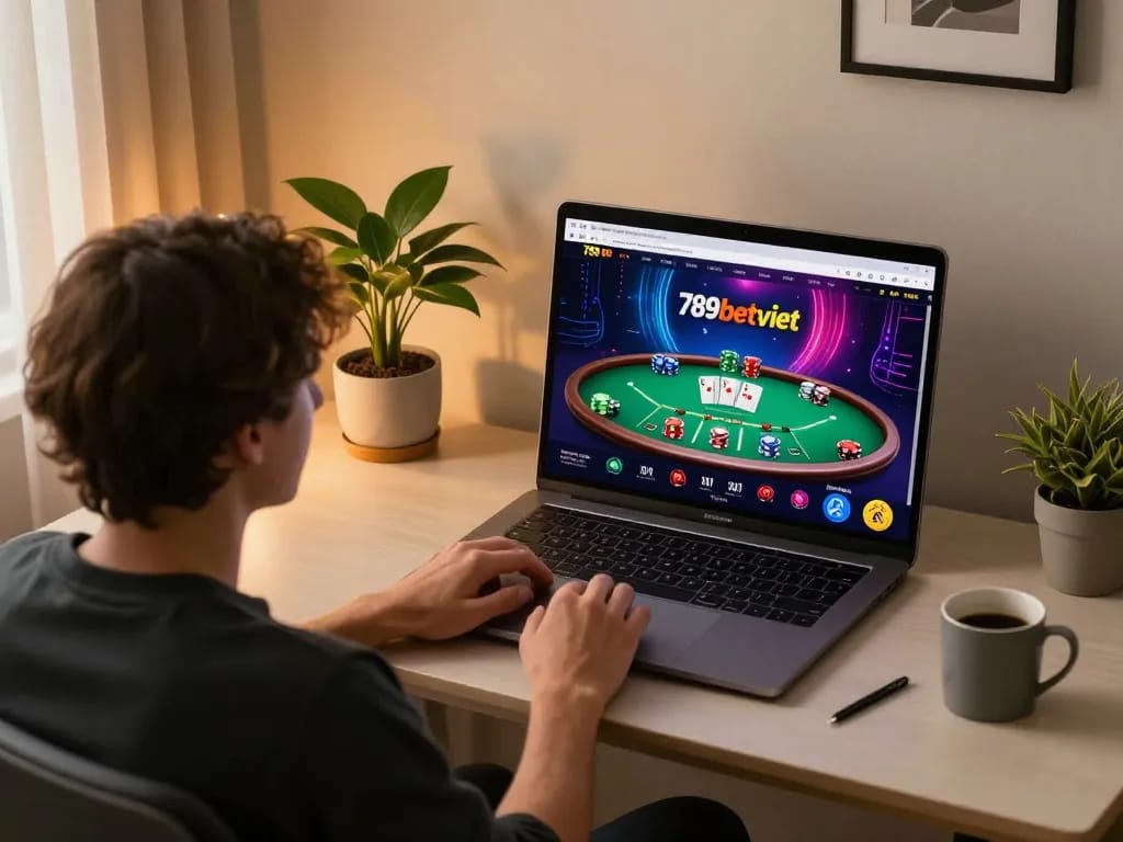 Person playing at 789betviet online casino on laptop, showcasing engaging gameplay interface in a cozy environment.