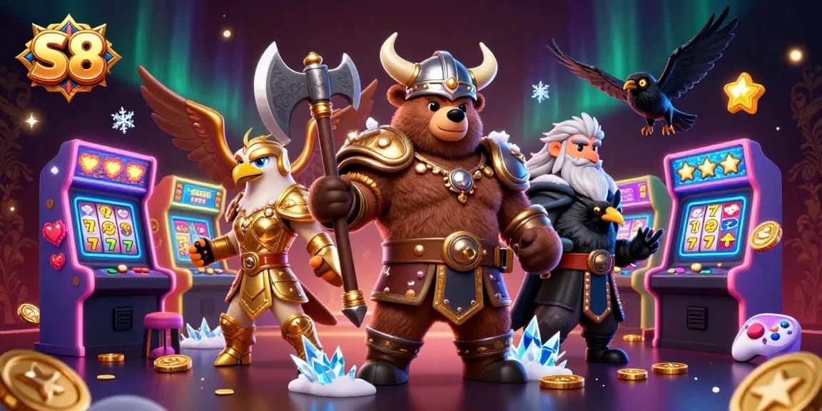 Engage with S8's vibrant digital casino scene featuring a Viking bear and Valkyrie eagle.