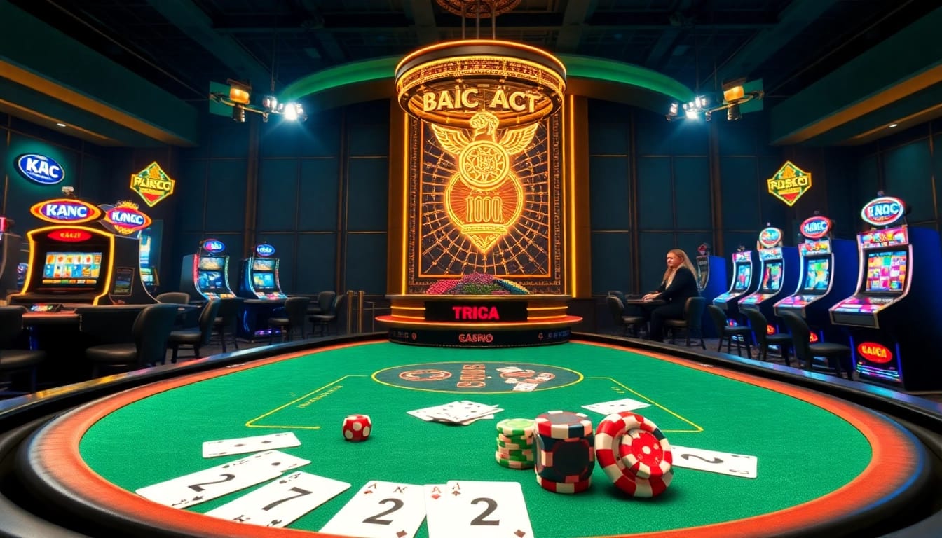 A vibrant casino scene at KJC AC 1 with tables, cards, and dice.