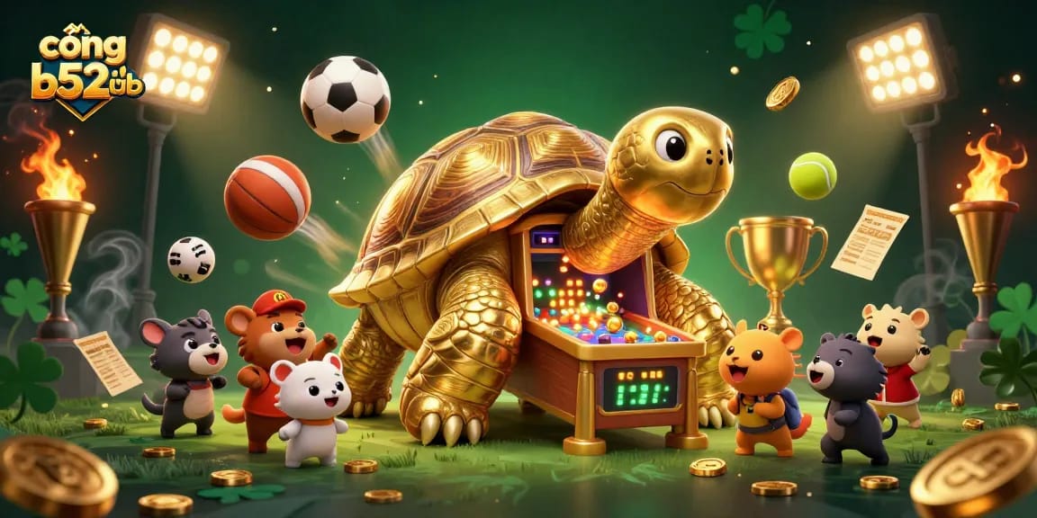 Experience thrilling gameplay at cổng b52club, with a golden tortoise pinball machine in a bustling casino scene.