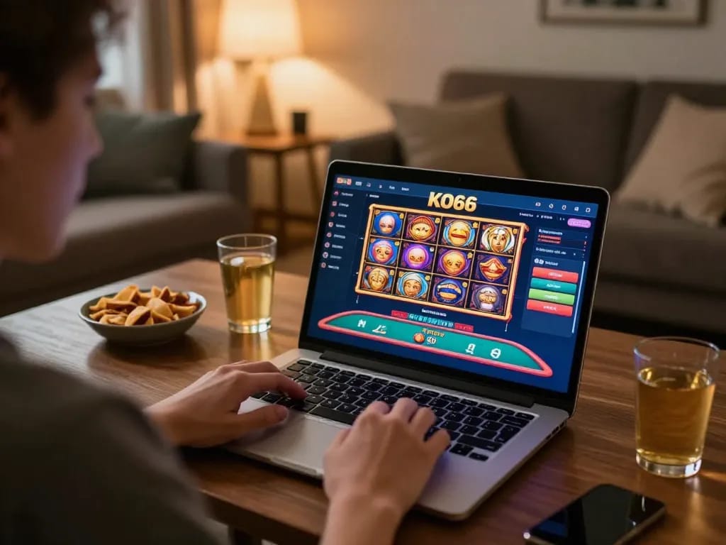 Engaged user enjoying KO66 online casino experience with laptop in cozy home setting