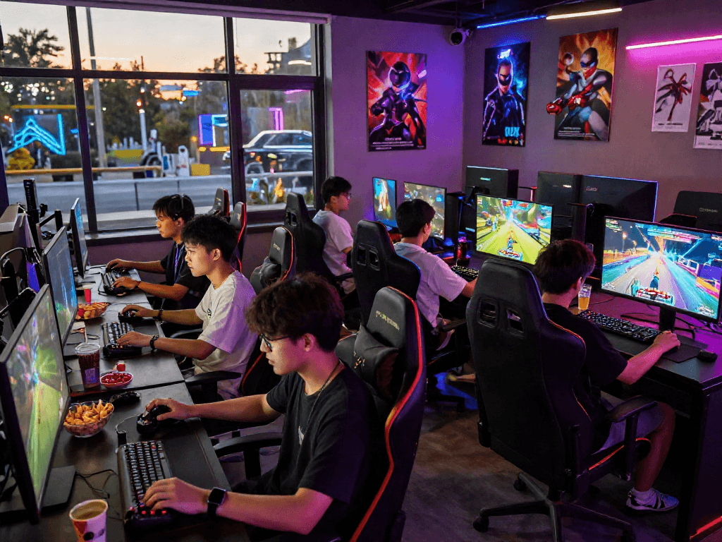 Players enjoying exciting porngames in a vibrant urban gaming lounge.