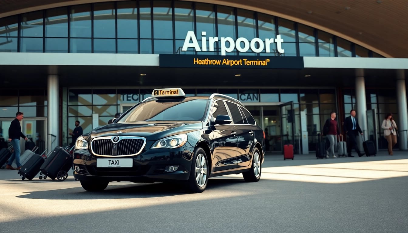 Heathrow taxi service ready for passengers at the airport terminal.