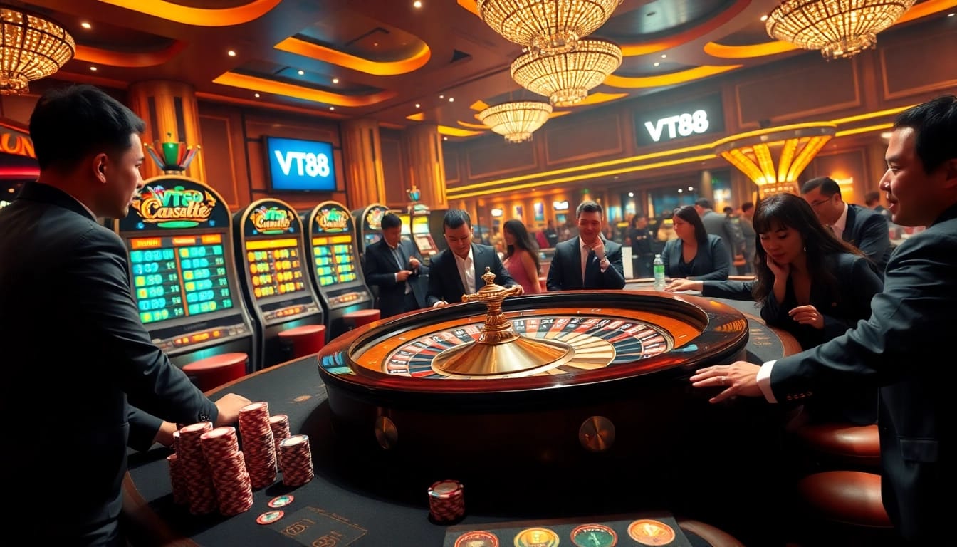 Experience winning strategies at VT88 casino with a lively roulette table and excited players.