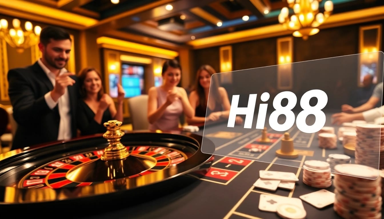 Exciting gambling scene at Hi88 casino with roulette, poker chips, and players.