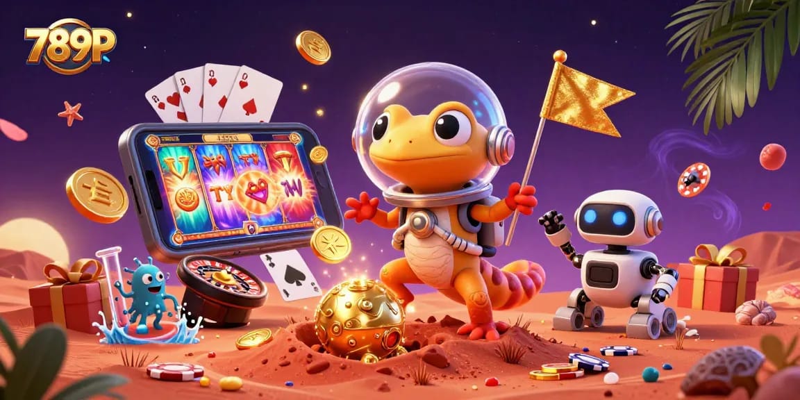 Join the 789P experience with an alien gecko discovering a golden casino, surrounded by slot games and excitement.