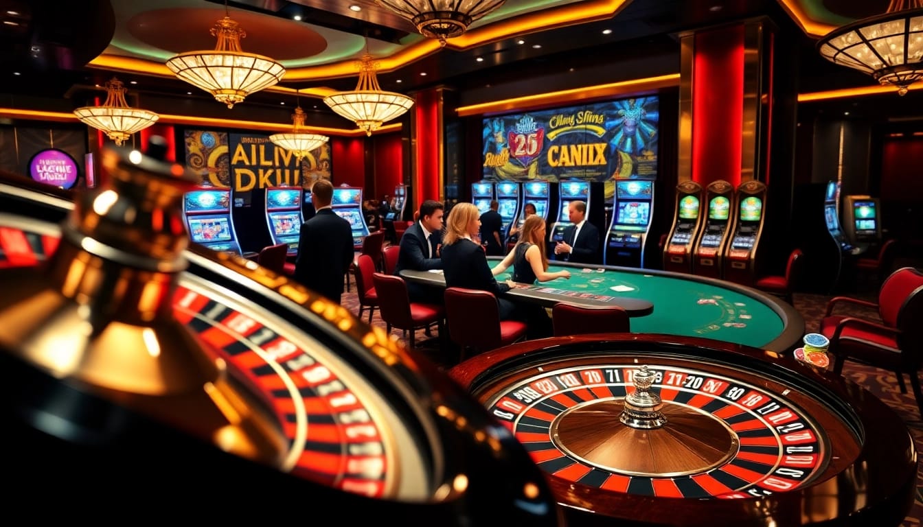 A thrilling casino scene with poker tables and roulette highlighting luxury.