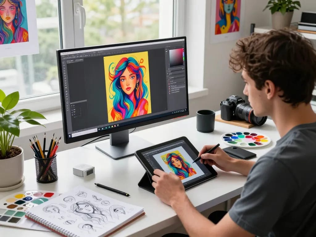 Artist using an image to prompt generator for AI art creation in a creative studio